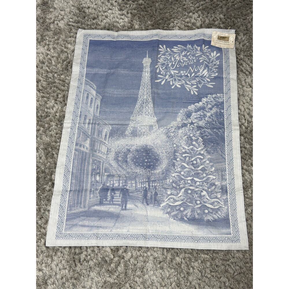 Le Telerie Toscane Joyeux Noel Blue Tea Towel NWT Eiffel Tower Paris France